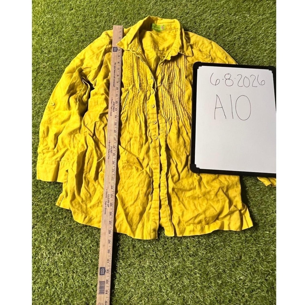 Island Republic Womens Large 100% Linen Pleated Button Up Top Chartreuse Yellow